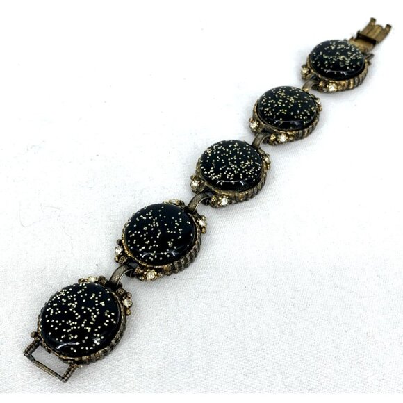 Confetti Lucite Bracelet and Clip on Earrings Black Gold 8.5" Vtg Unsigned - Picture 5 of 8